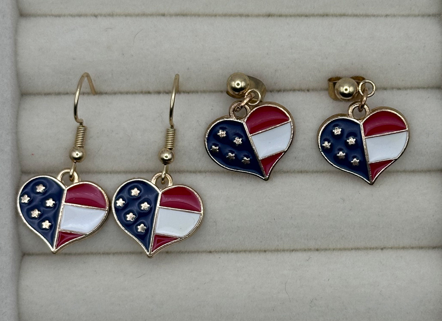 Patriotic Heart Enamel Drop Earrings in Gold
