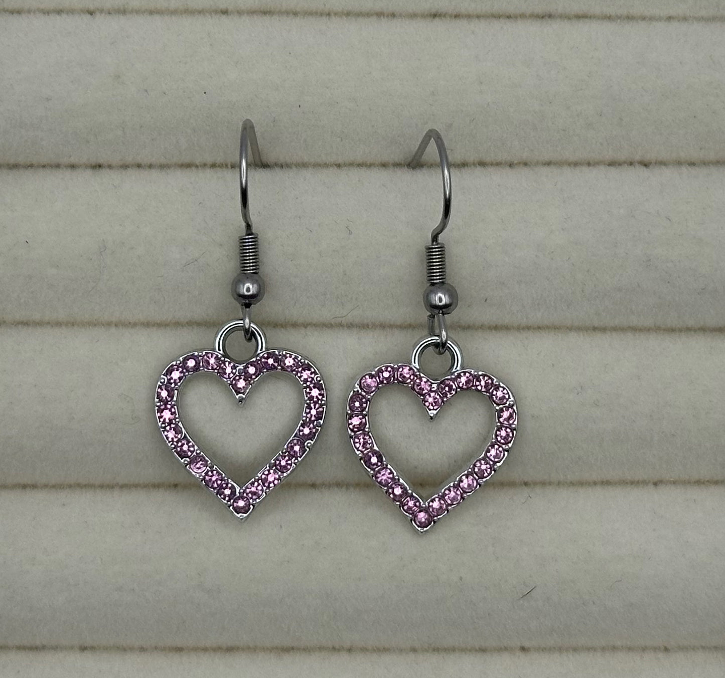 Pink Crystal Heart Drop Earrings in Silver