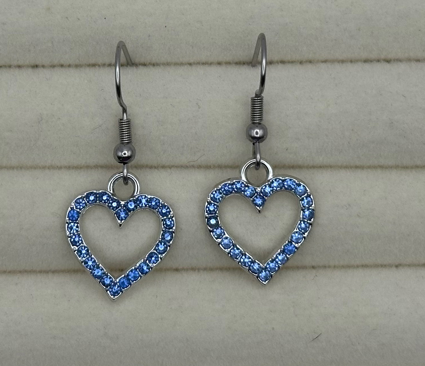 Blue Crystal Heart Drop Earrings in Silver
