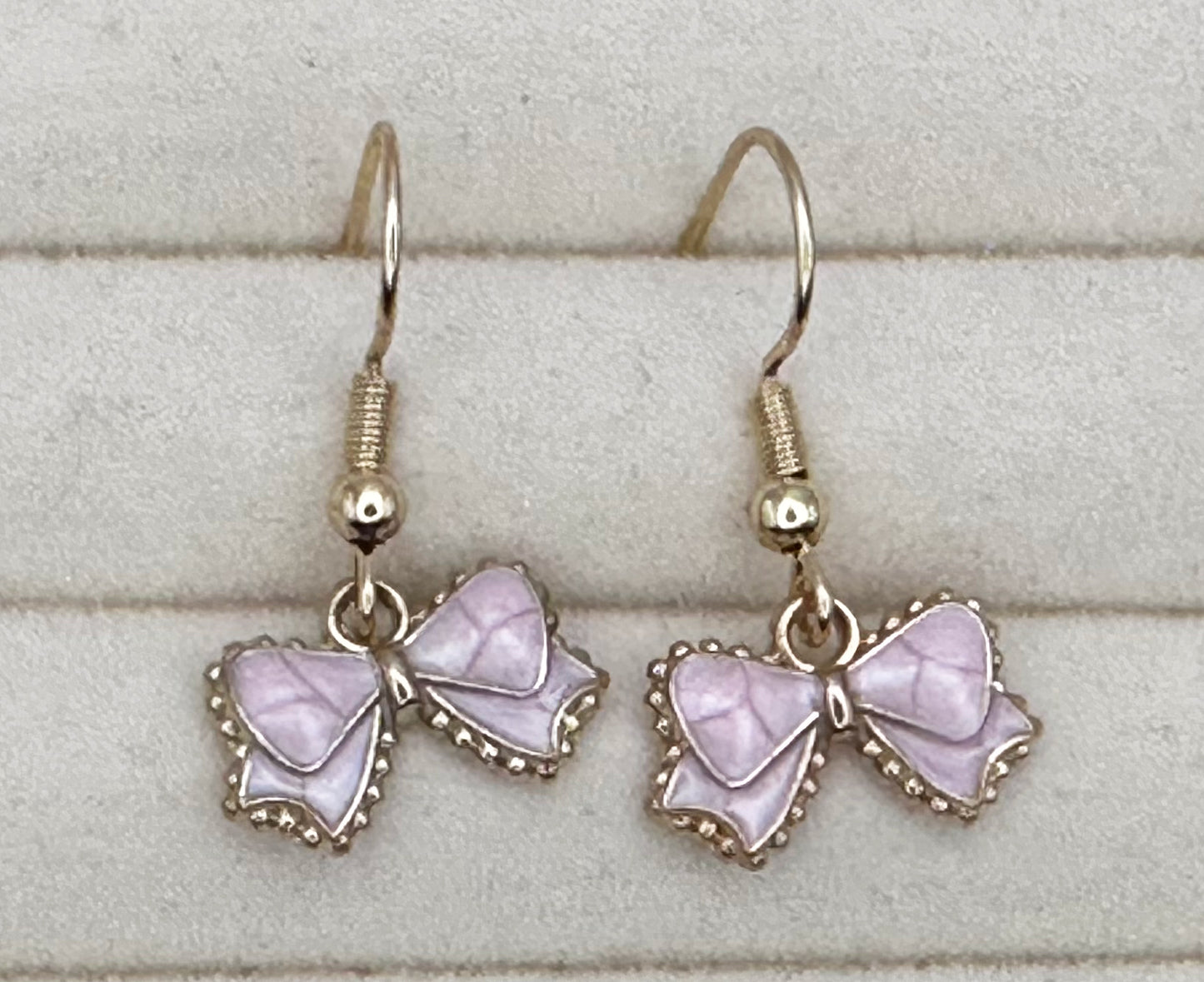 Pearl Pink Enamel Mini Bow Drop Earrings in Gold