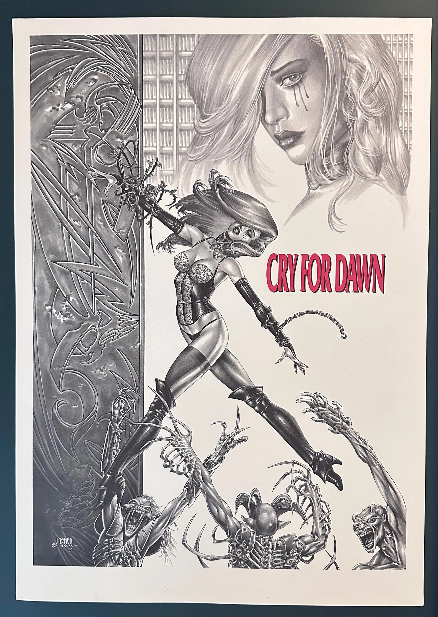 Cry for Dawn Black, White & Red print, art by Joseph Michael Linsner, 1993