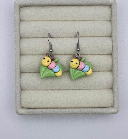 Whimsical Caterpillar & Leaf Resin Drop Earrings