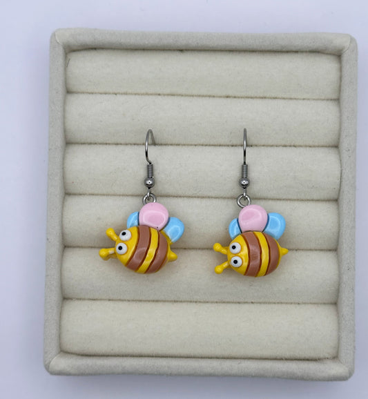 Whimsical Pink & Blue Winged Bees Resin Drop Earrings