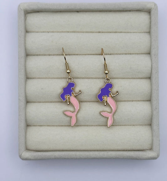 Purple Hair Mermaid Drop Earrings