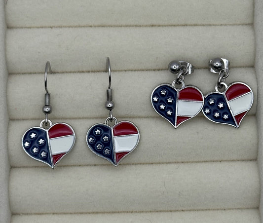 Patriotic Heart Enamel Drop Earrings in Silver