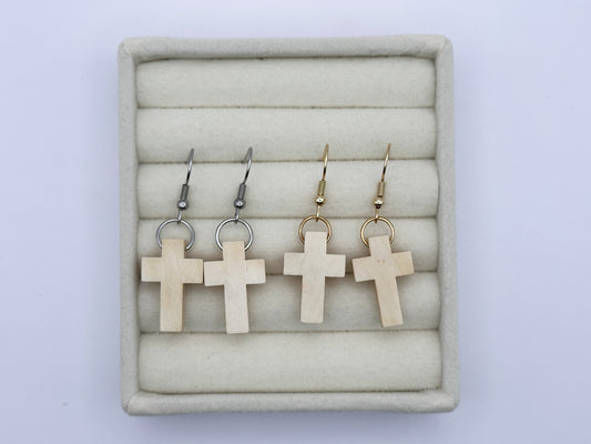 Natural Wood Cross Drop Earrings