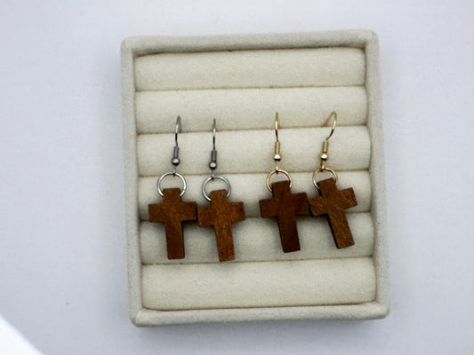 Natural Wood Brown Cross Drop Earrings