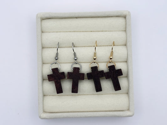 Natural Wood Dark Brown Cross Drop Earrings