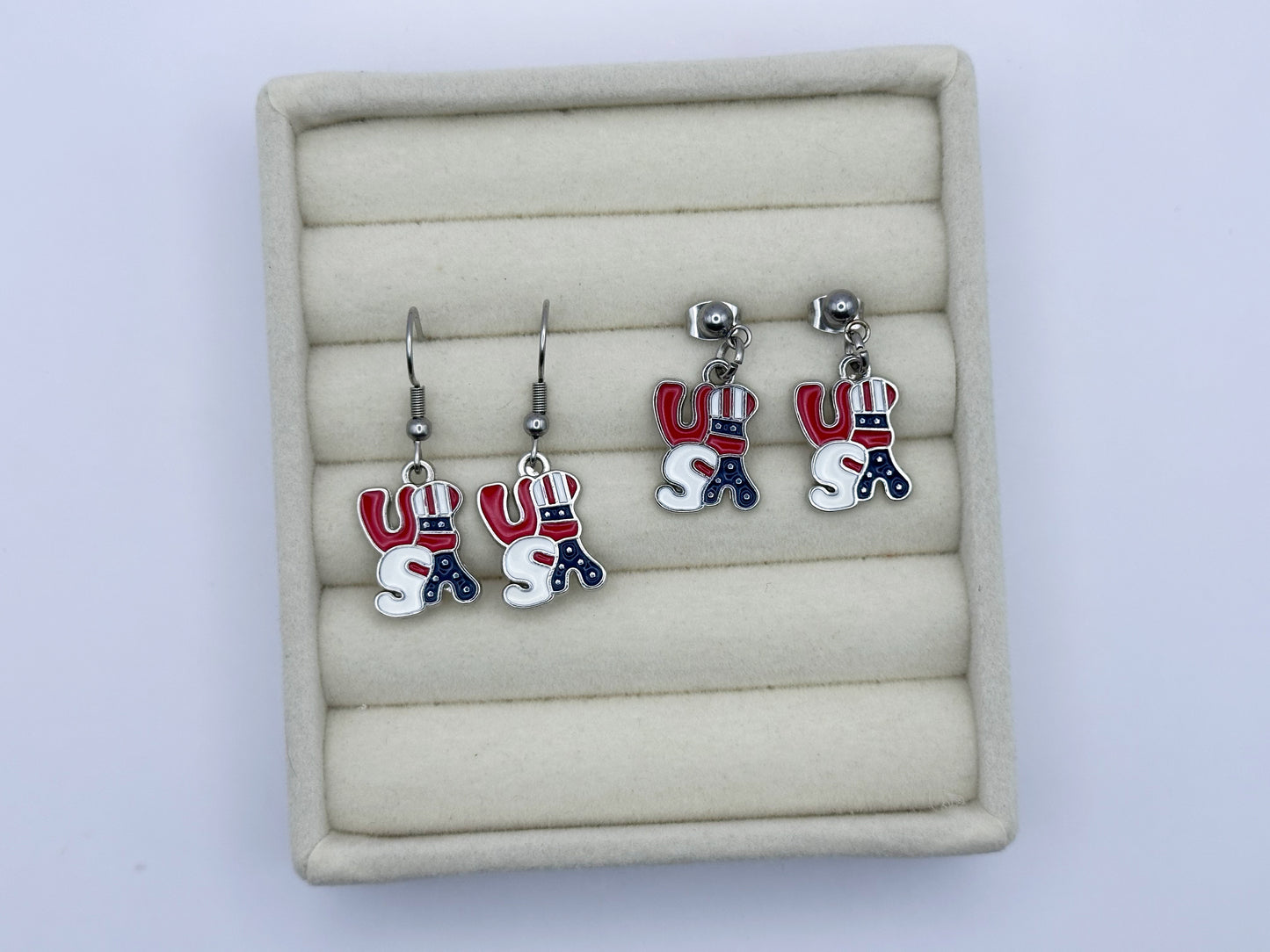 USA Enamel Drop Earrings in Silver