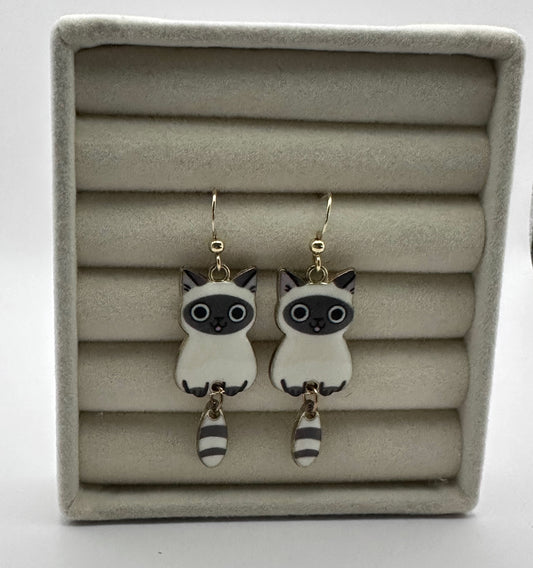 White & Grey Kitty Dangle Earrings