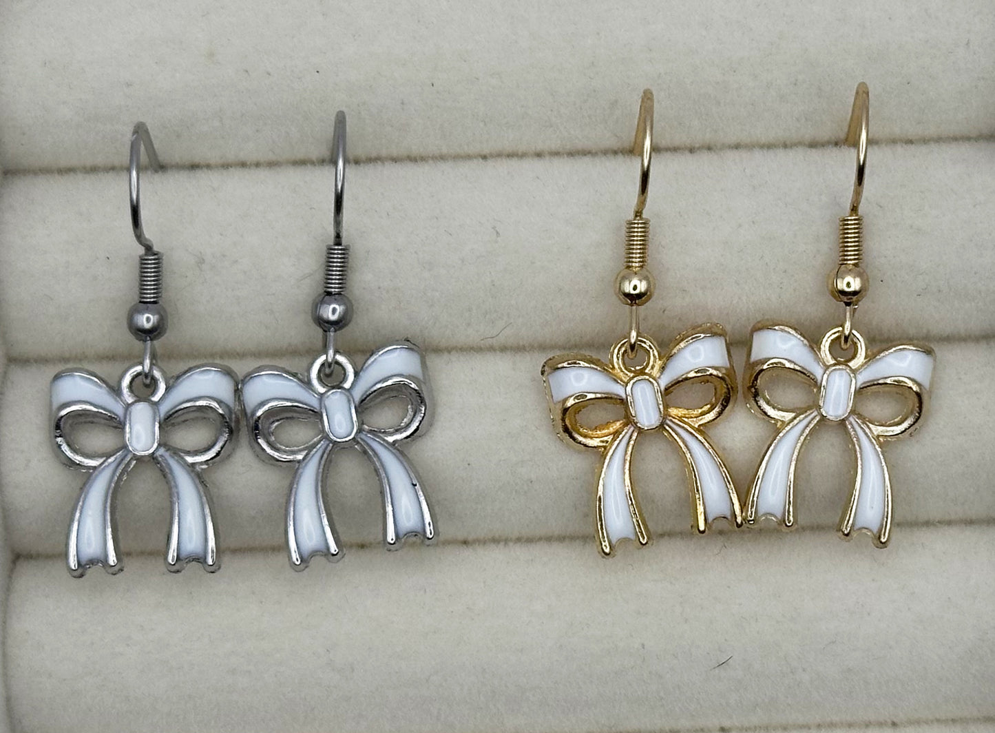 White Ribbon Bow Drop Earrings