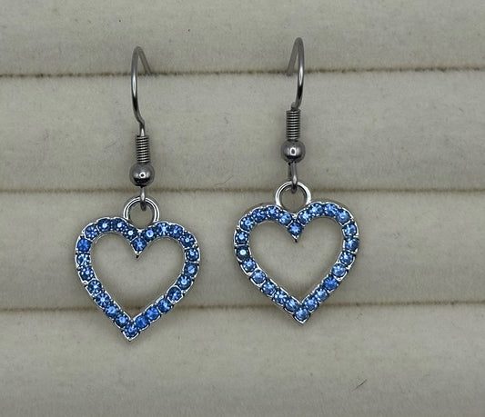 Blue Crystal Heart Drop Earrings in Silver