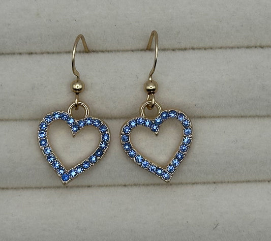 Blue Crystal Heart Drop Earrings in Gold