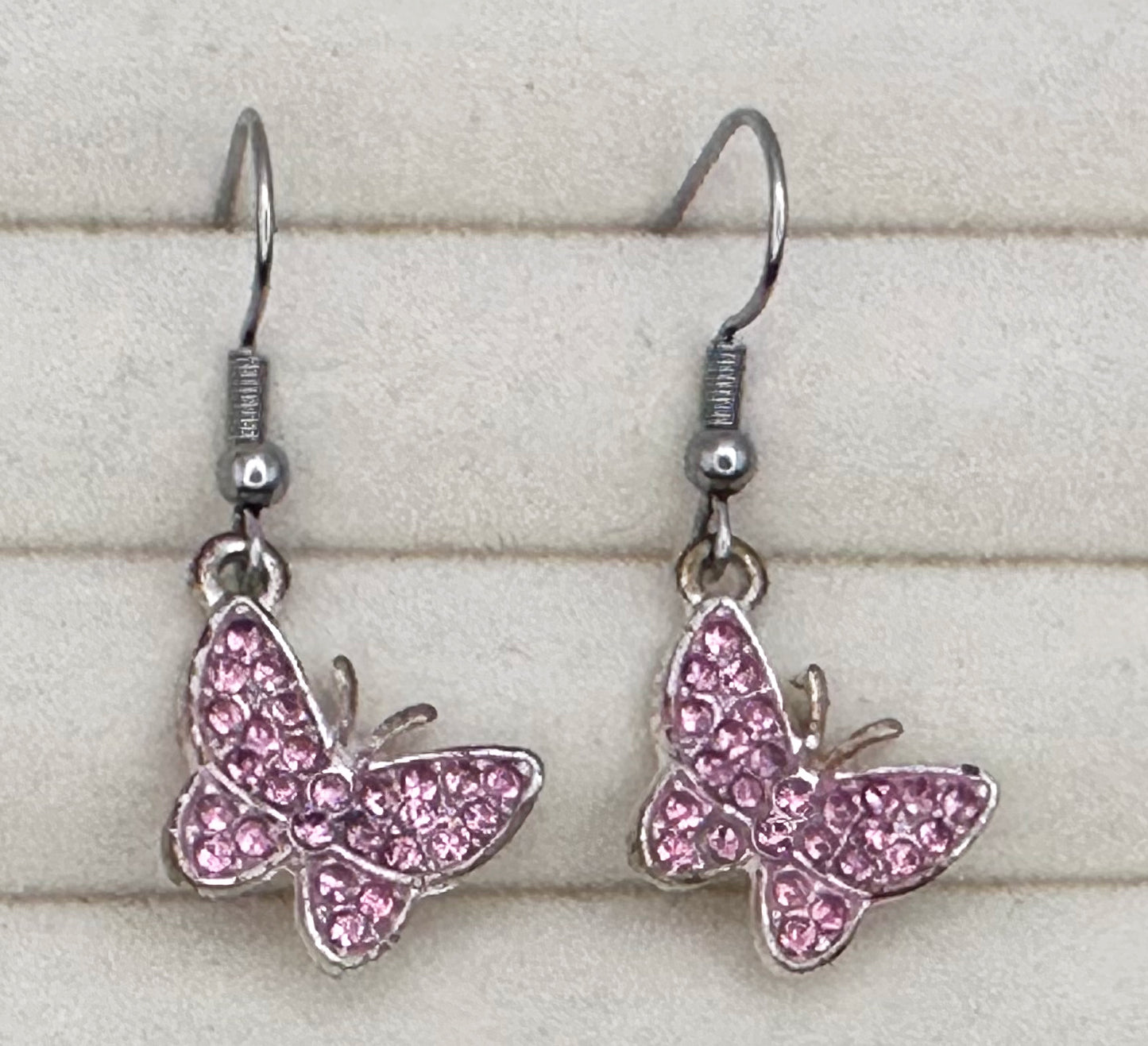 Pink Crystal Butterfly Drop Earrings in Silver