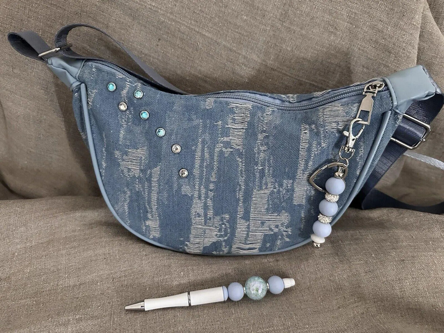Upcycled Basic Denim Purse with Custom Pen and Keychain, Handmade Accessories