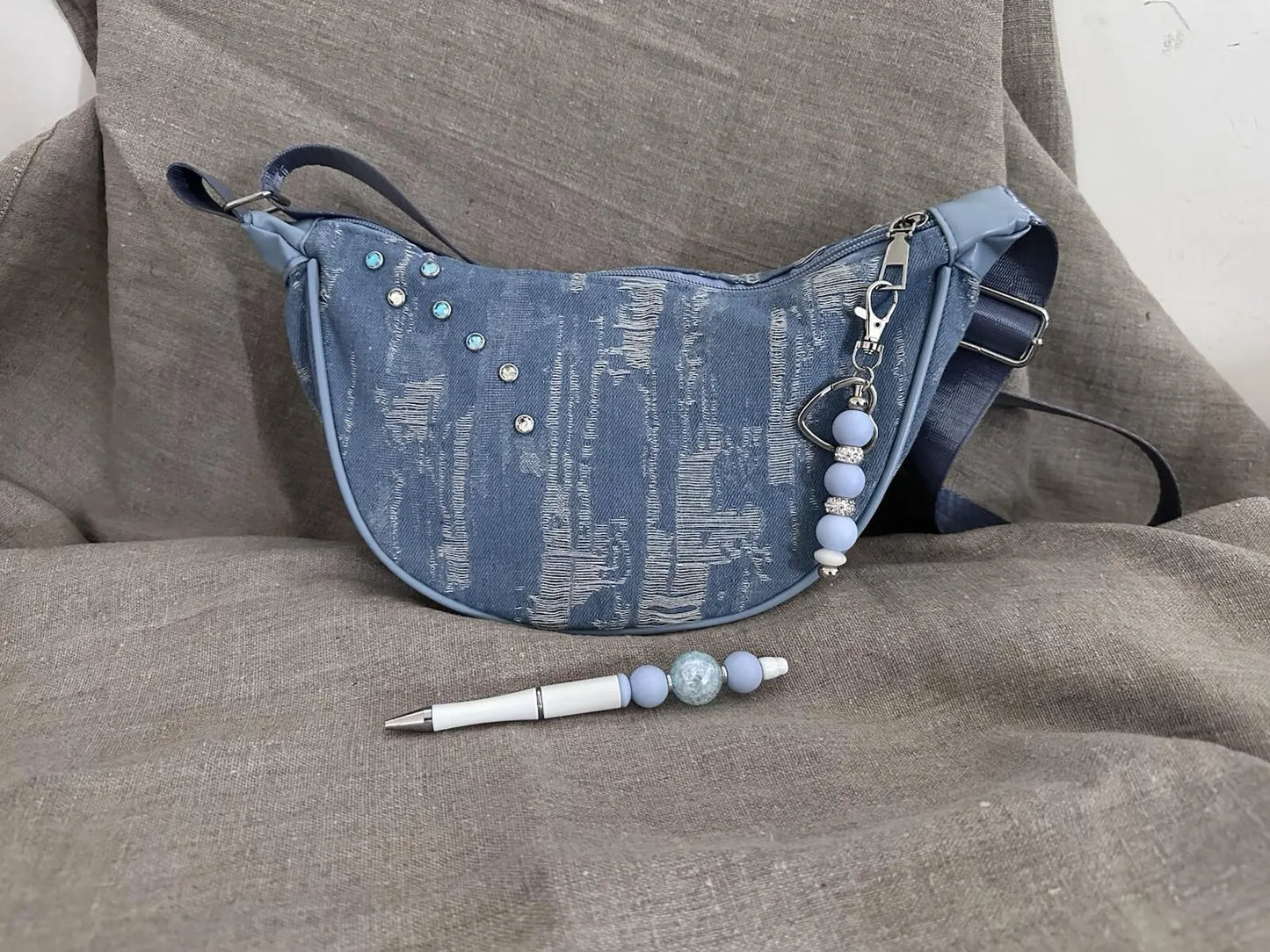 Upcycled Basic Denim Purse with Custom Pen and Keychain, Handmade Accessories