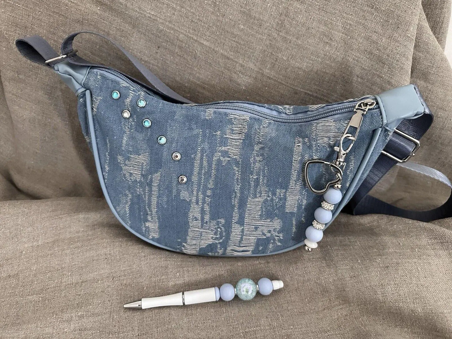 Upcycled Basic Denim Purse with Custom Pen and Keychain, Handmade Accessories